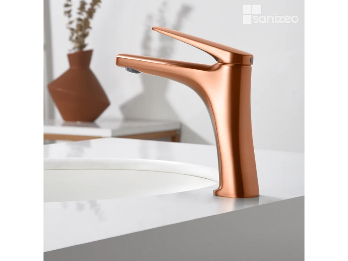 Mitigeur Lavabo Salle de Bain or rose cuivré – Bec Bas Anti-Calcaire – Design Moderne - DELOS IMEX
