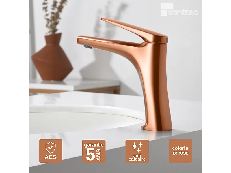 Mitigeur Lavabo Salle de Bain or rose cuivré – Bec Bas Anti-Calcaire – Design Moderne - DELOS IMEX