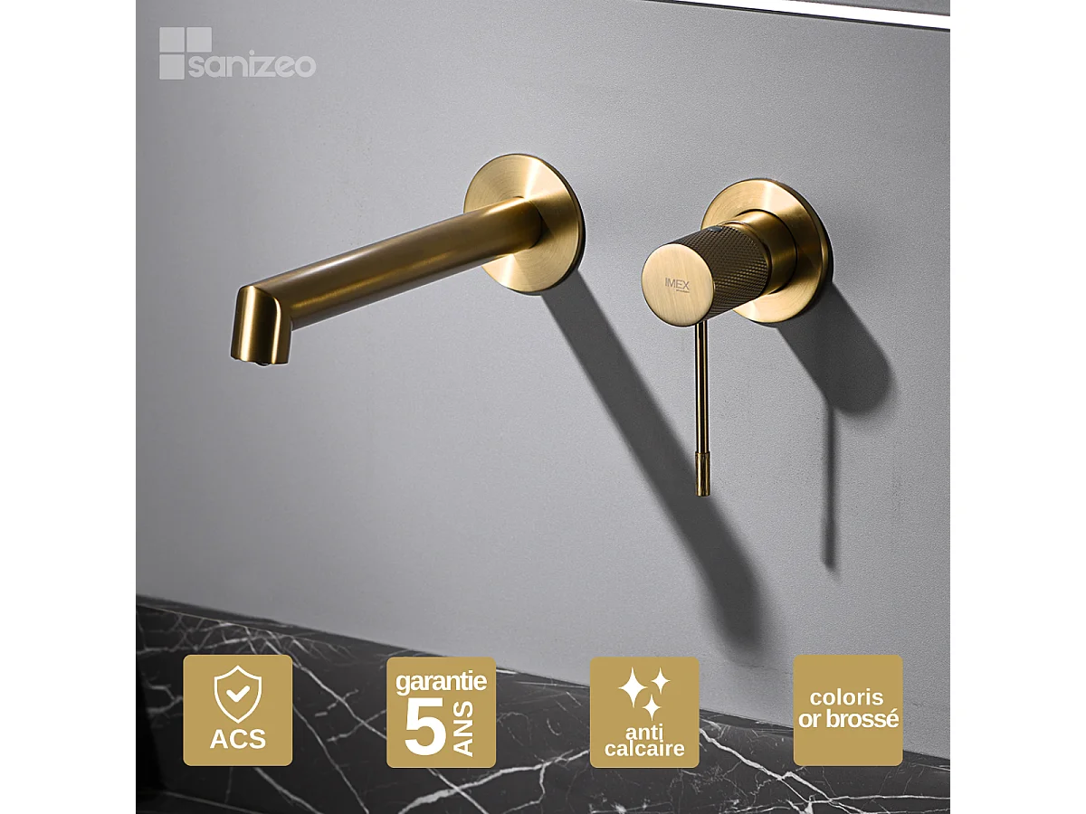 Mitigeur Lavabo Encastré Salle de Bain or brossé– Anti-Calcaire – Design moderne - LINE IMEX