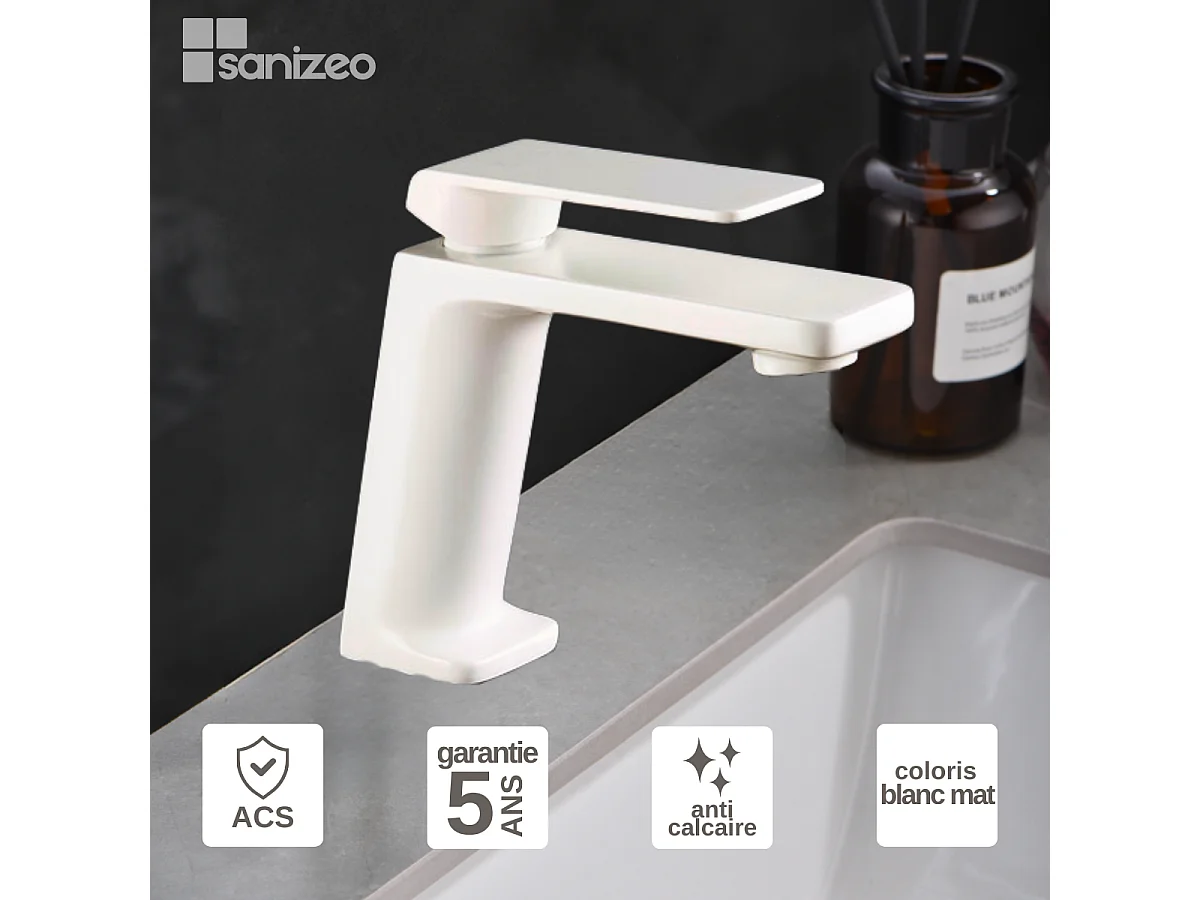 Mitigeur Lavabo Salle de Bain blanc mat – Bec Bas Anti-Calcaire – Design Moderne - FIYI IMEX