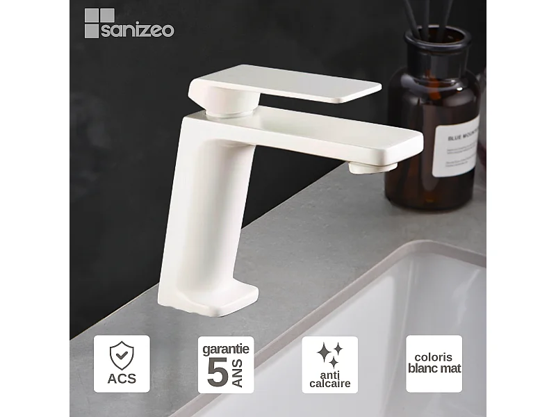 Mitigeur Lavabo Salle de Bain blanc mat – Bec Bas Anti-Calcaire – Design Moderne - FIYI IMEX