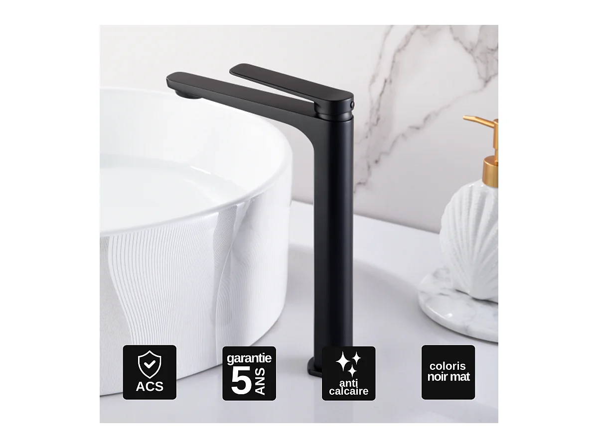Robinet Mitigeur de Lavabo Anti-Calcaire Bec Haut Noir Mat IMEX NAPOLES BDN047-3NG