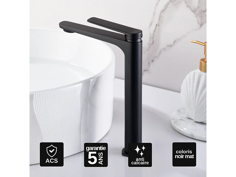 Mitigeur Lavabo Salle de Bain noir mat – Bec Haut Anti-Calcaire – Design Moderne - NAPOLES IMEX