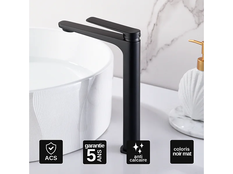 Mitigeur Lavabo Salle de Bain noir mat – Bec Haut Anti-Calcaire – Design Moderne - NAPOLES IMEX