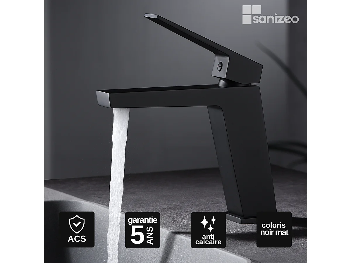 Mitigeur Lavabo Salle de Bain noir mat – Bec Bas Anti-Calcaire – Design moderne - ART IMEX