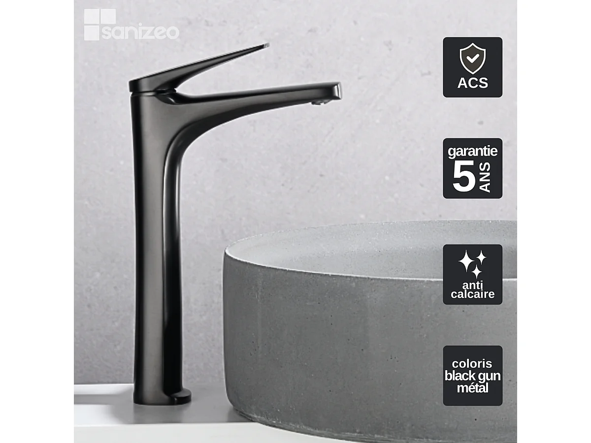 Mitigeur Lavabo Salle de Bain noir métal – Bec Haut Anti-Calcaire – Design Moderne - DELOS IMEX