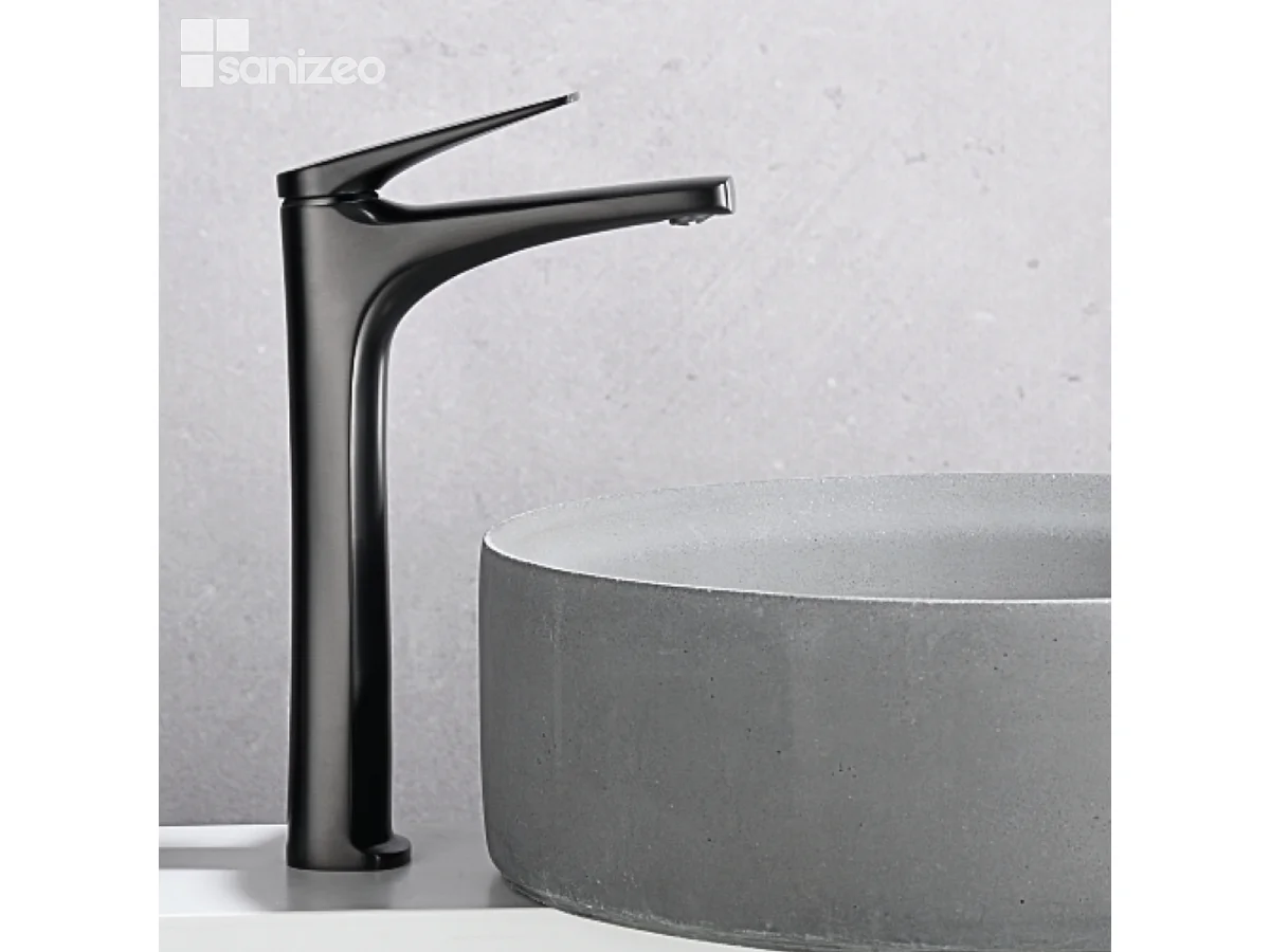 Mitigeur Lavabo Salle de Bain noir métal – Bec Haut Anti-Calcaire – Design Moderne - DELOS IMEX