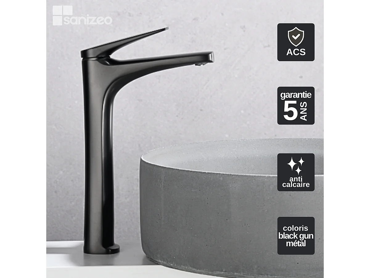 Mitigeur Lavabo Salle de Bain noir métal – Bec Haut Anti-Calcaire – Design Moderne - DELOS IMEX