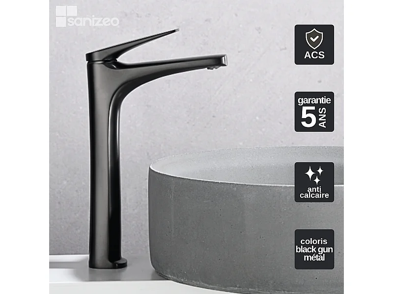 Mitigeur Lavabo Salle de Bain noir métal – Bec Haut Anti-Calcaire – Design Moderne - DELOS IMEX