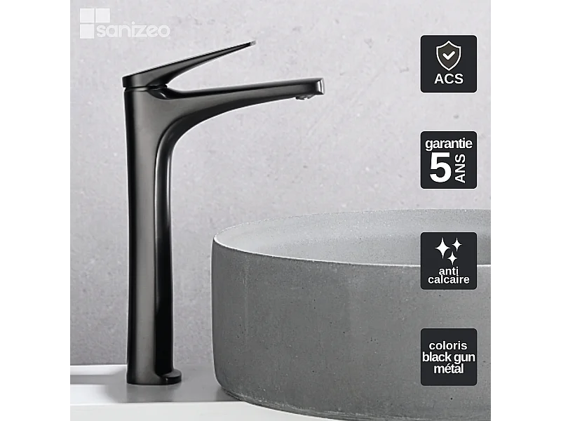 Mitigeur Lavabo Salle de Bain noir métal – Bec Haut Anti-Calcaire – Design Moderne - DELOS IMEX