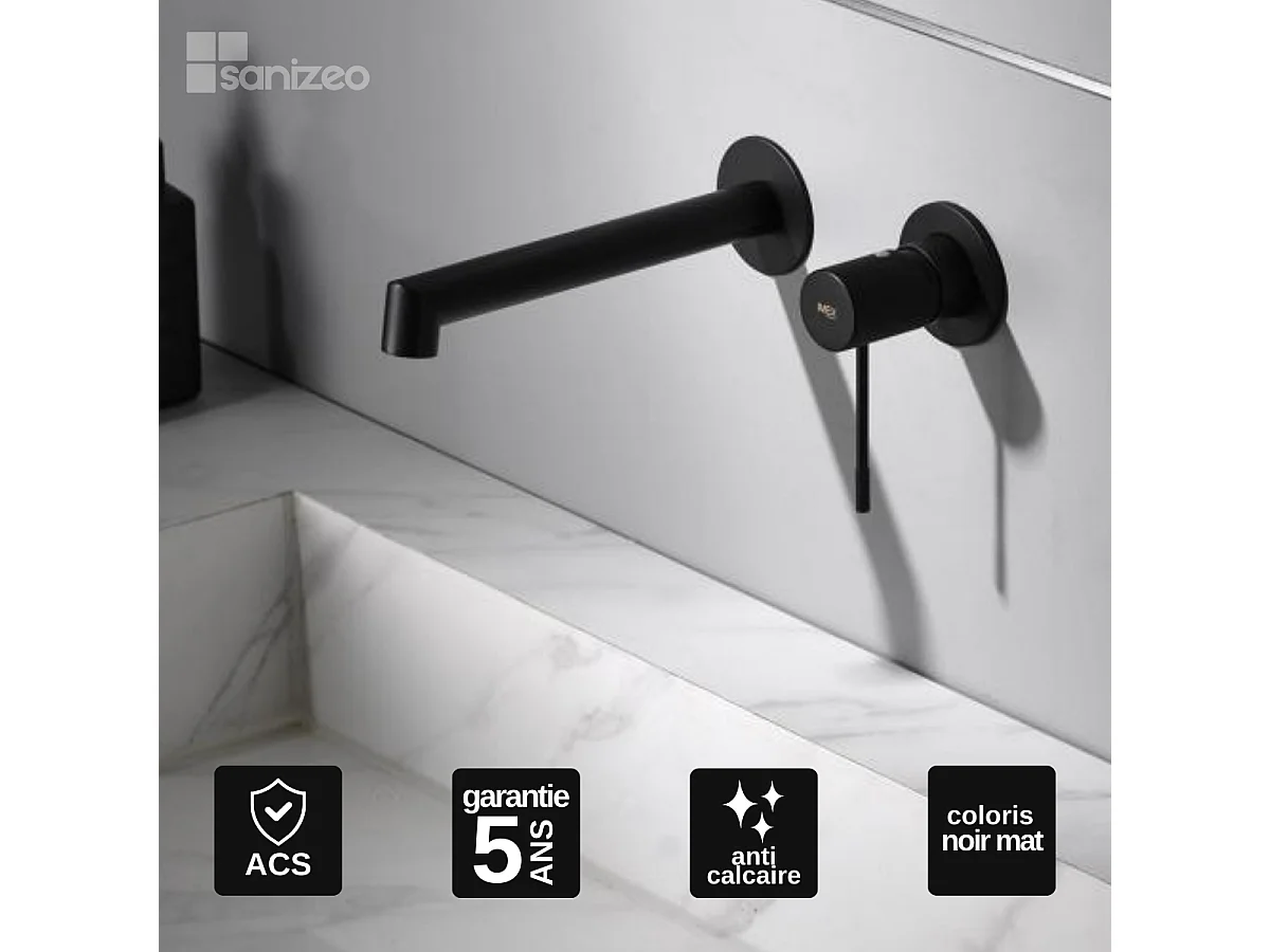 Mitigeur Lavabo Encastré Salle de Bain noir mat – Anti-Calcaire – Design moderne - LINE IMEX