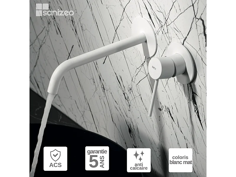 Mitigeur Lavabo Encastré Salle de Bain blanc mat – Anti-Calcaire – Design moderne - MILOS IMEX