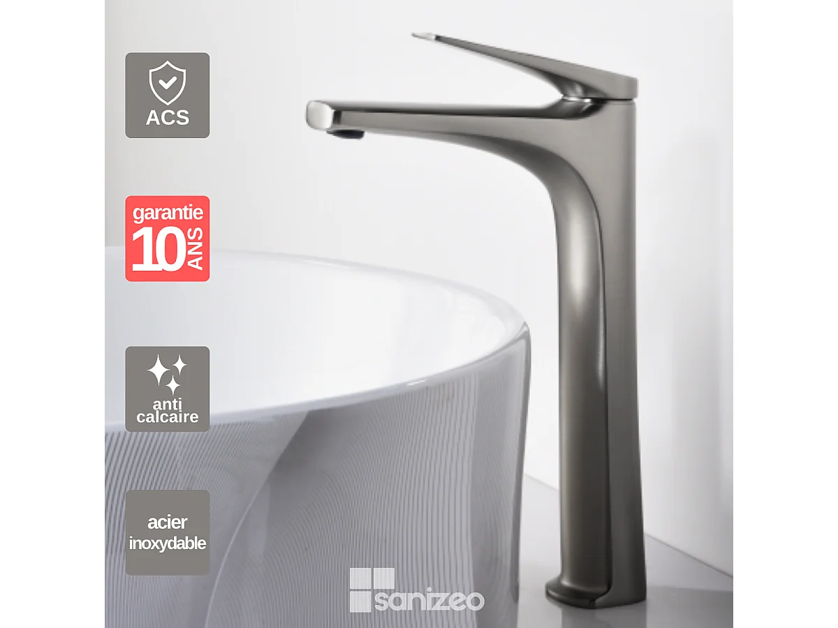 Mitigeur Lavabo Salle de Bain acier inoxydabke – Bec Haut Anti-Calcaire – Design Moderne - DELOS IMEX