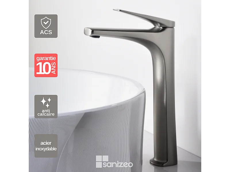 Mitigeur Lavabo Salle de Bain acier inoxydabke – Bec Haut Anti-Calcaire – Design Moderne - DELOS IMEX