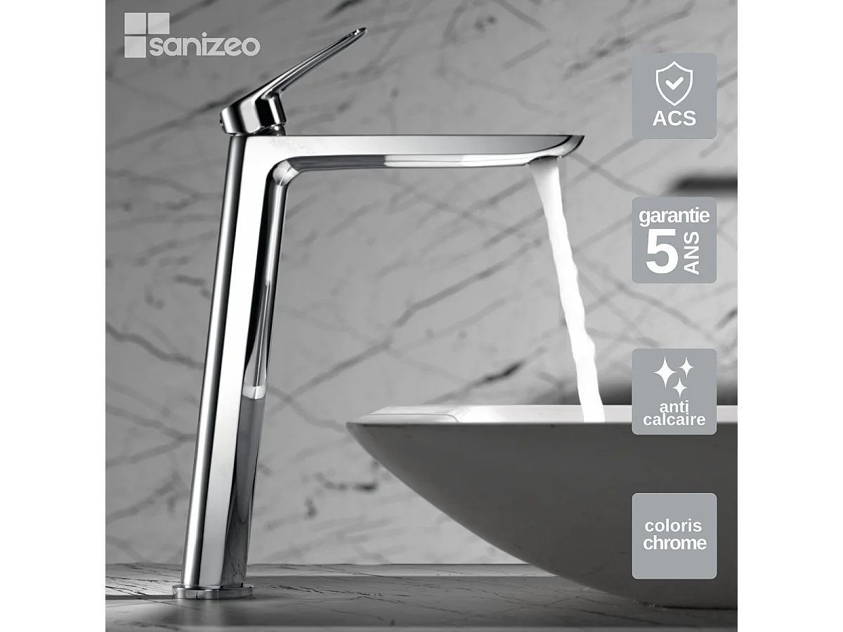 Mitigeur Lavabo Salle de Bain chromé – Bec Haut Anti-Calcaire – Design moderne - BELGICA IMEX