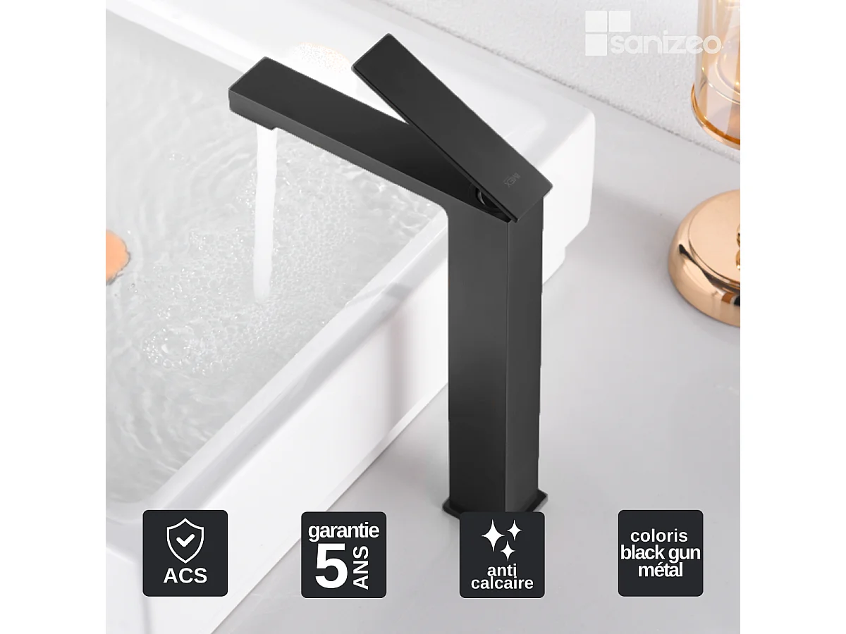 Mitigeur Lavabo Salle de Bain noir métal – Bec Haut Anti-Calcaire – Design moderne - PISA IMEX