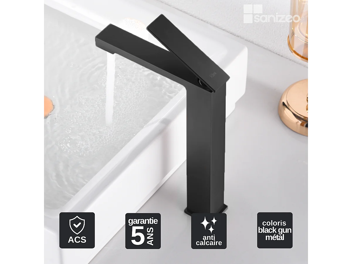 Mitigeur Lavabo Salle de Bain noir métal – Bec Haut Anti-Calcaire – Design moderne - PISA IMEX