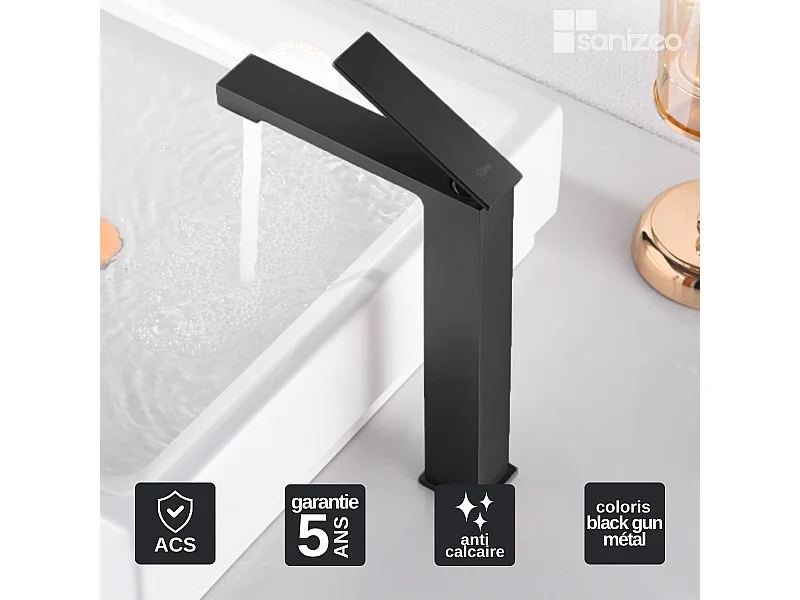 Mitigeur Lavabo Salle de Bain noir métal – Bec Haut Anti-Calcaire – Design moderne - PISA IMEX