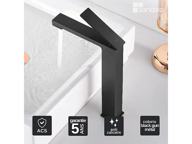 Mitigeur Lavabo Salle de Bain noir métal – Bec Haut Anti-Calcaire – Design moderne - PISA IMEX