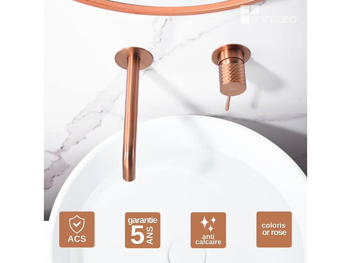 Mitigeur Lavabo Encastré Salle de Bain or rose cuivré – Anti-Calcaire – Design Moderne - GENOVA IMEX