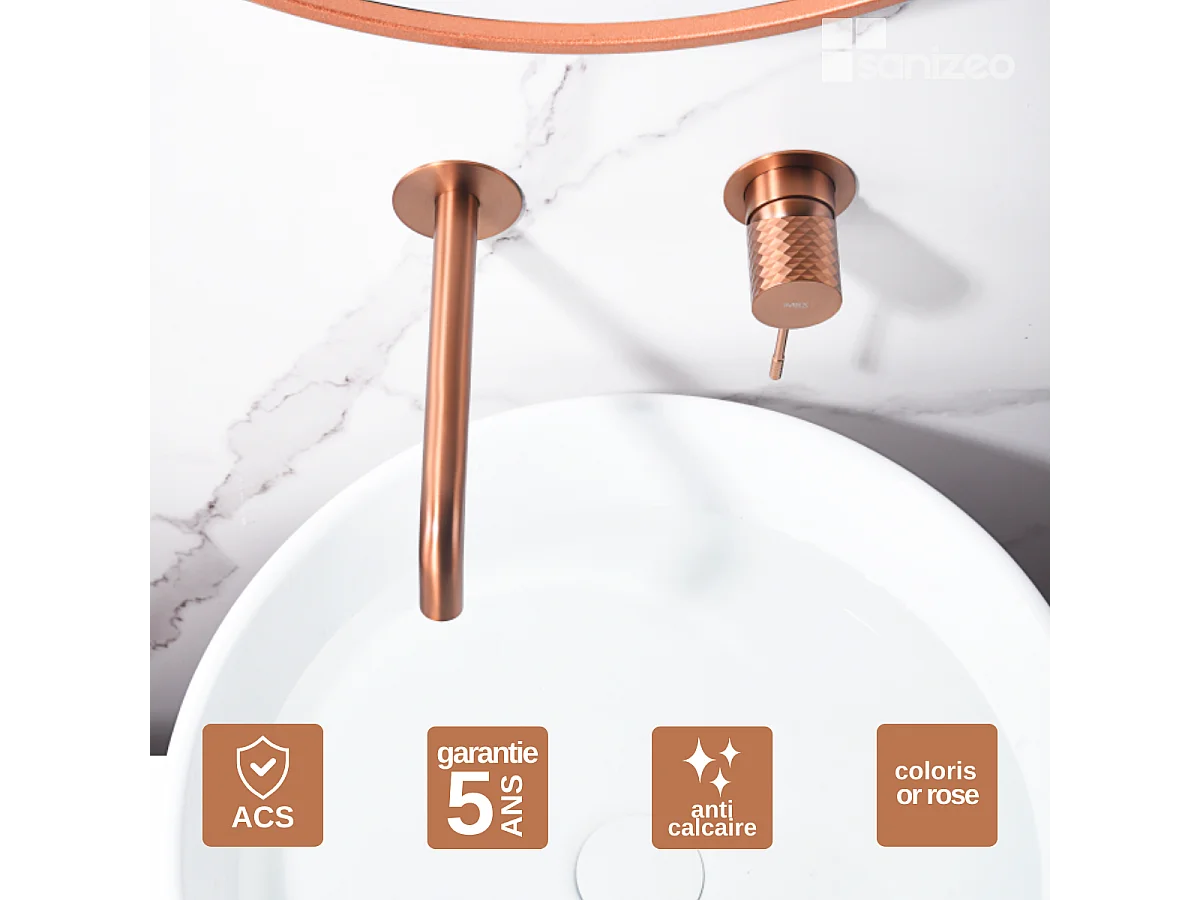 Mitigeur Lavabo Encastré Salle de Bain or rose cuivré – Anti-Calcaire – Design Moderne - GENOVA IMEX