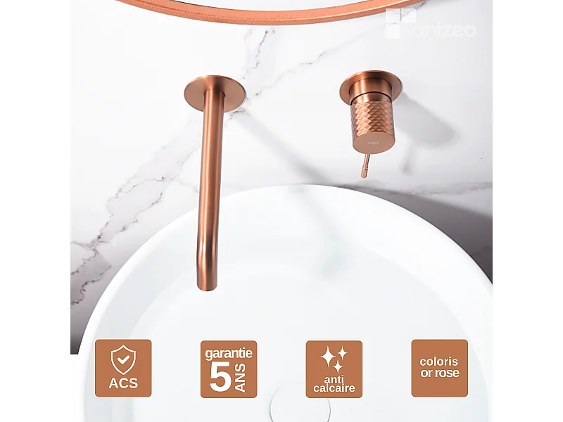 Mitigeur Lavabo Encastré Salle de Bain or rose cuivré – Anti-Calcaire – Design Moderne - GENOVA IMEX