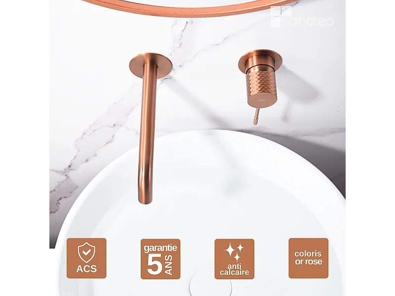 Mitigeur Lavabo Encastré Salle de Bain or rose cuivré – Anti-Calcaire – Design Moderne - GENOVA IMEX