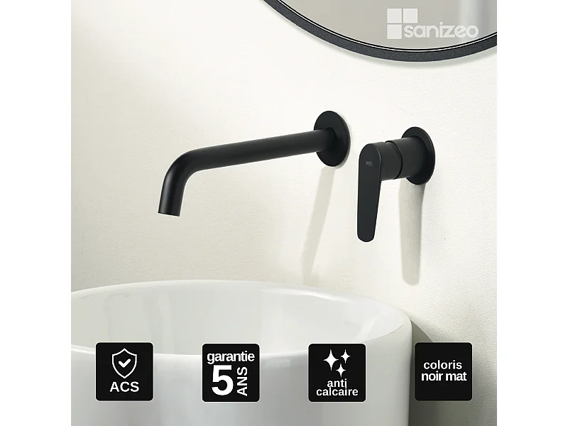 Mitigeur Lavabo Encastré Salle de Bain noir mat – Anti-Calcaire – Design moderne - BELGICA IMEX