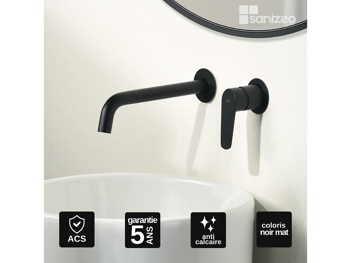 Mitigeur Lavabo Encastré Salle de Bain noir mat – Anti-Calcaire – Design moderne - BELGICA IMEX
