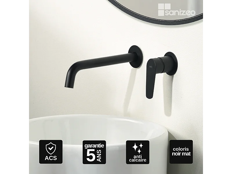 Mitigeur Lavabo Encastré Salle de Bain noir mat – Anti-Calcaire – Design moderne - BELGICA IMEX