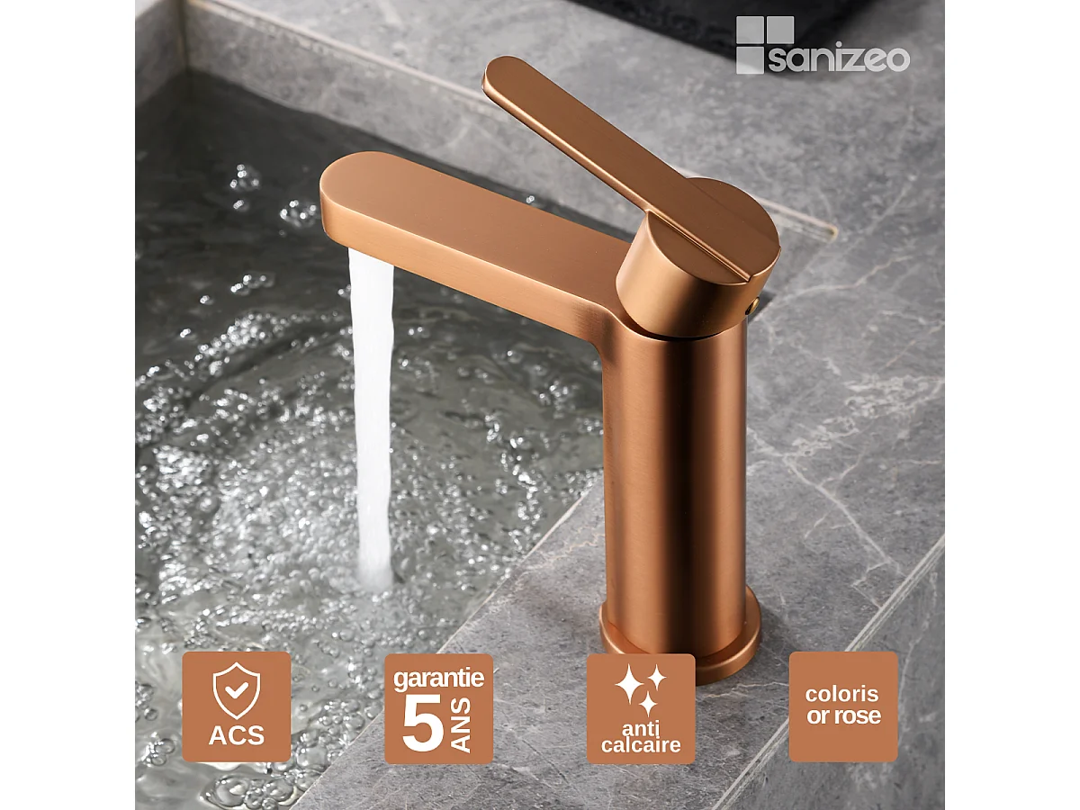 Mitigeur Lavabo Salle de Bain or rose cuivré – Bec Bas Anti-Calcaire – Design moderne - ROMA IMEX