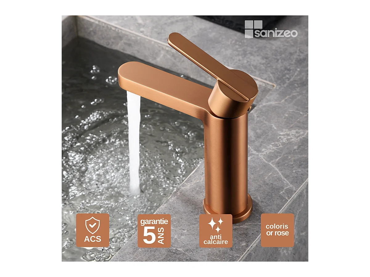 Robinet Mitigeur de Lavabo Anti-Calcaire Bec Bas Or Rose Cuivré IMEX ROMA BDR001-1ORC