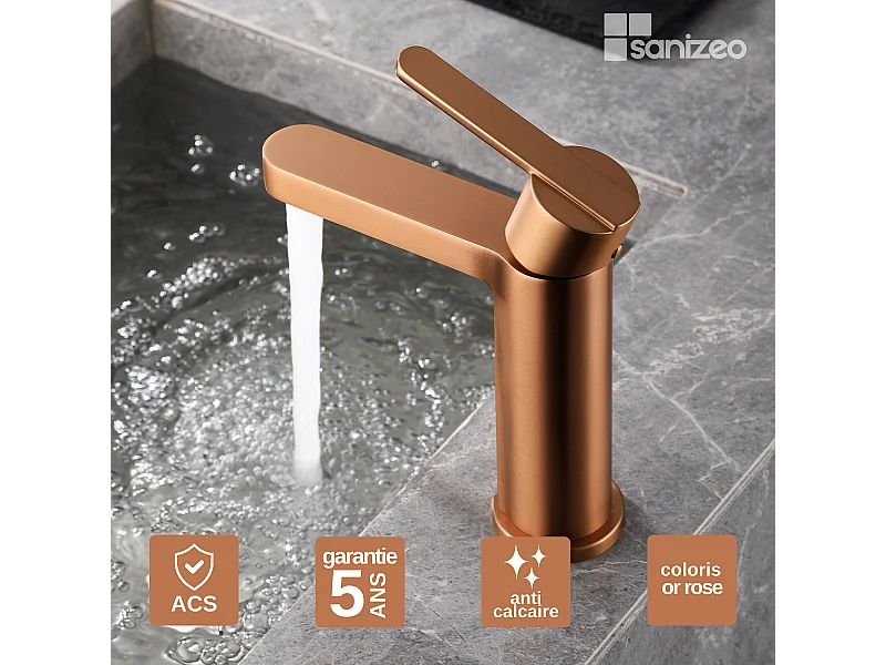 Mitigeur Lavabo Salle de Bain or rose cuivré – Bec Bas Anti-Calcaire – Design moderne - ROMA IMEX