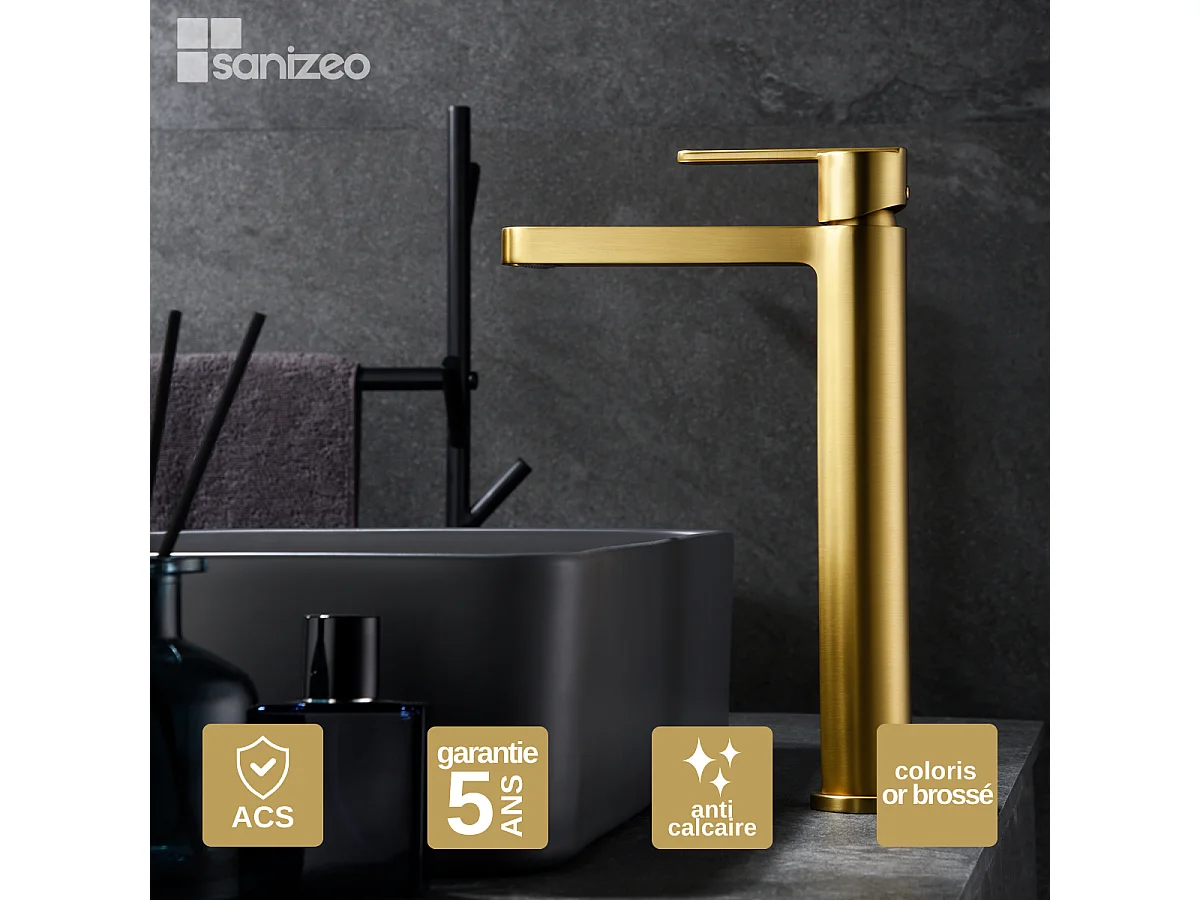 Mitigeur Lavabo Salle de Bain or brossé – Bec Haut Anti-Calcaire – Design moderne - ROMA IMEX
