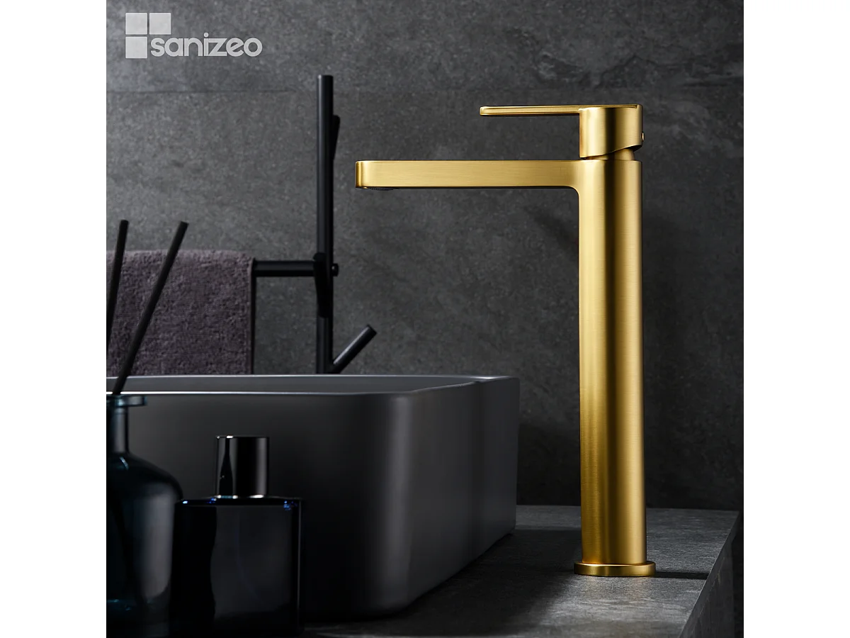 Mitigeur Lavabo Salle de Bain or brossé – Bec Haut Anti-Calcaire – Design moderne - ROMA IMEX