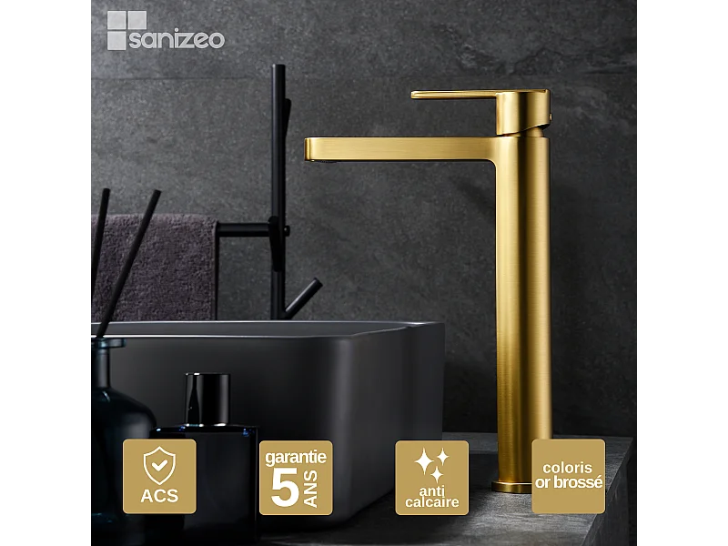 Mitigeur Lavabo Salle de Bain or brossé – Bec Haut Anti-Calcaire – Design moderne - ROMA IMEX