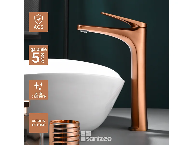 Mitigeur Lavabo Salle de Bain or rose cuivré – Bec Haut Anti-Calcaire – Design Moderne - DELOS IMEX