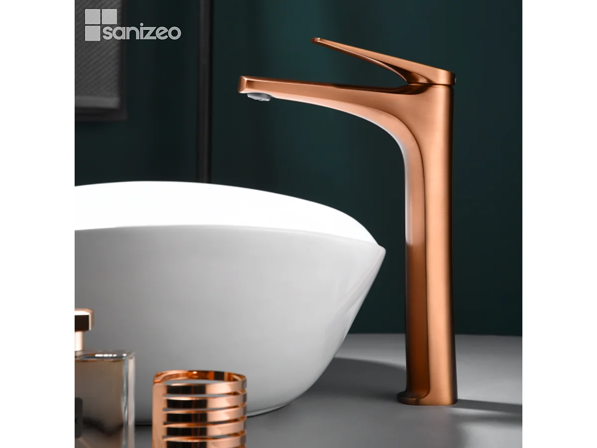 Mitigeur Lavabo Salle de Bain or rose cuivré – Bec Haut Anti-Calcaire – Design Moderne - DELOS IMEX
