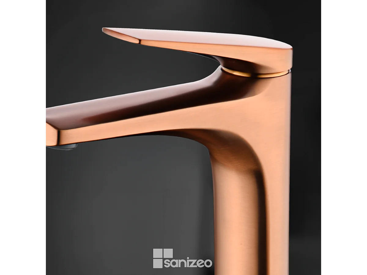 Mitigeur Lavabo Salle de Bain or rose cuivré – Bec Haut Anti-Calcaire – Design Moderne - DELOS IMEX