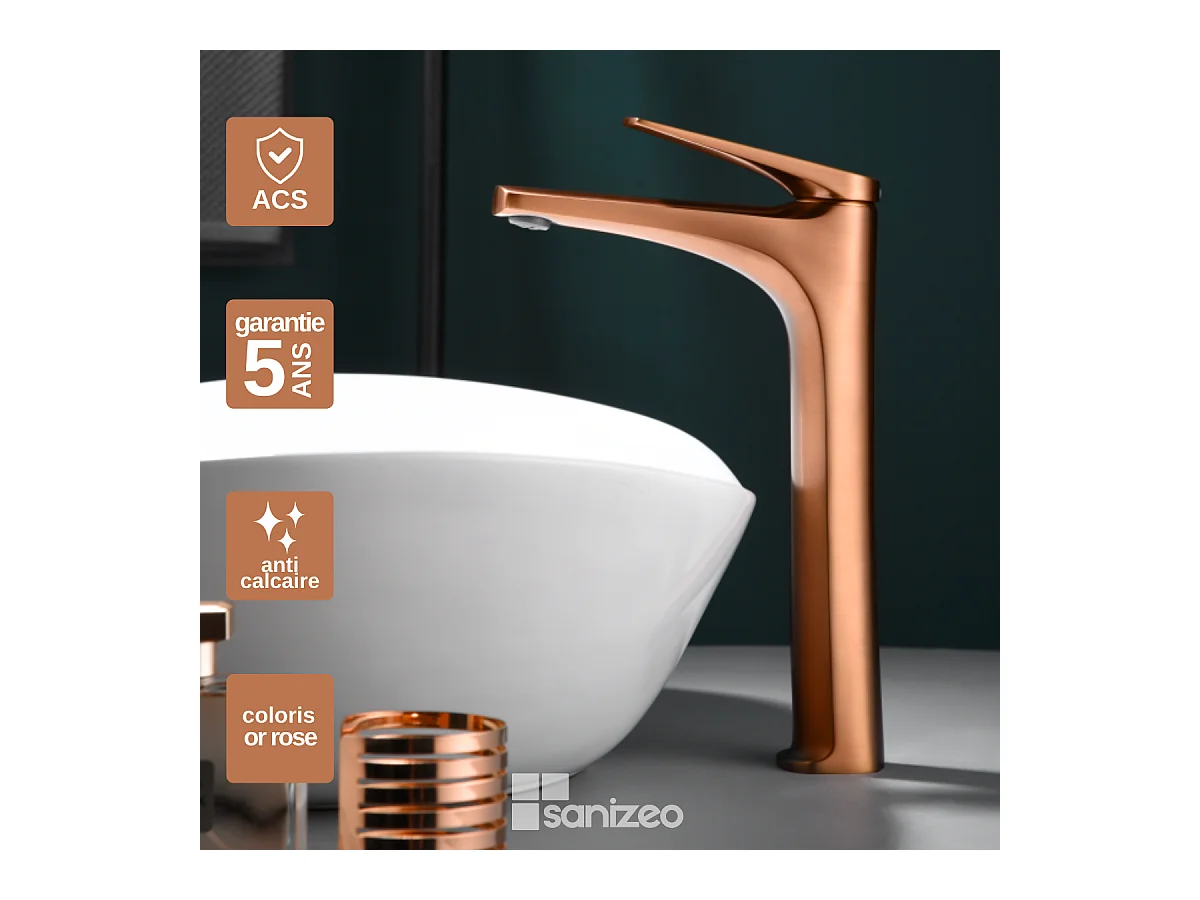 Robinet Mitigeur de Lavabo Bec Haut Anti-Calcaire Or Rose Cuivré IMEX DELOS BDD055-3ORC