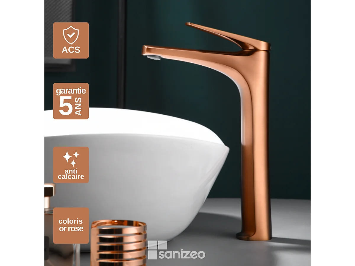 Mitigeur Lavabo Salle de Bain or rose cuivré – Bec Haut Anti-Calcaire – Design Moderne - DELOS IMEX