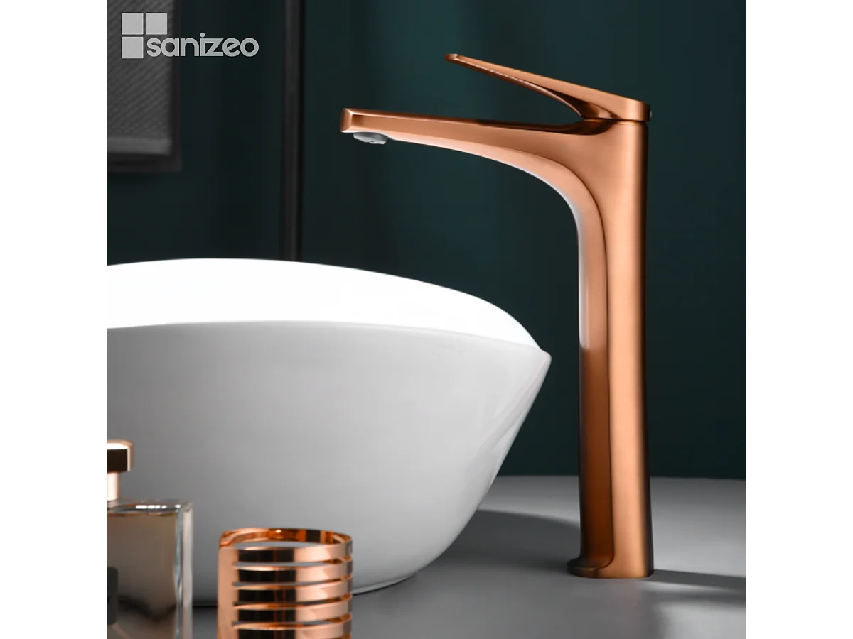 Mitigeur Lavabo Salle de Bain or rose cuivré – Bec Haut Anti-Calcaire – Design Moderne - DELOS IMEX