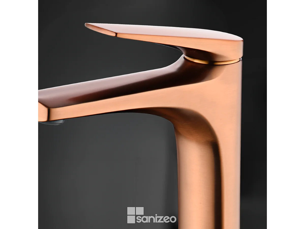 Mitigeur Lavabo Salle de Bain or rose cuivré – Bec Haut Anti-Calcaire – Design Moderne - DELOS IMEX