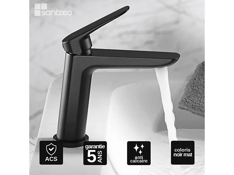 Mitigeur Lavabo Salle de Bain noir mat – Bec Bas Anti-Calcaire – Design moderne - BELGICA IMEX