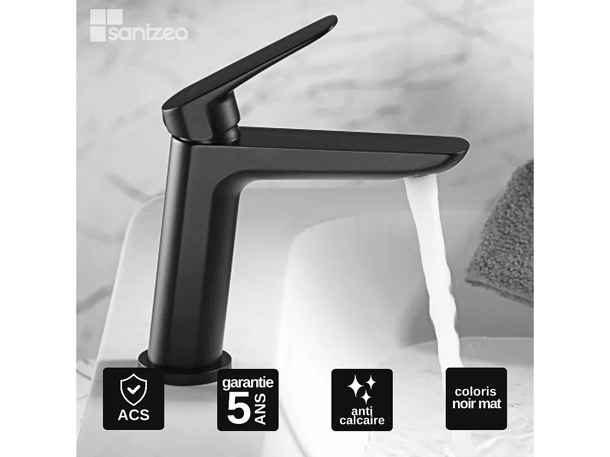Mitigeur Lavabo Salle de Bain noir mat – Bec Bas Anti-Calcaire – Design moderne - BELGICA IMEX