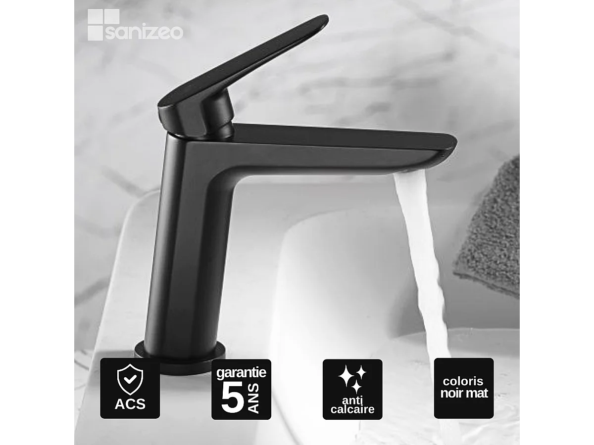 Mitigeur Lavabo Salle de Bain noir mat – Bec Bas Anti-Calcaire – Design moderne - BELGICA IMEX