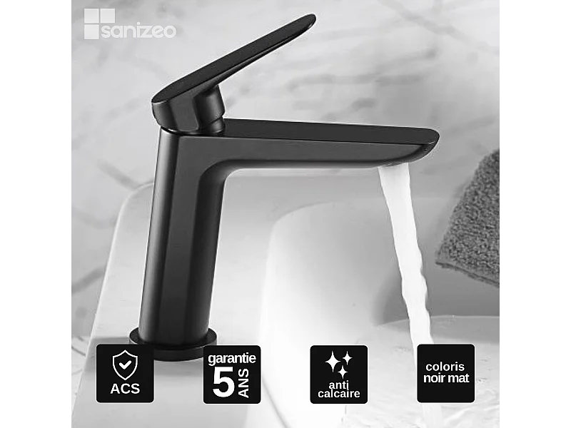 Mitigeur Lavabo Salle de Bain noir mat – Bec Bas Anti-Calcaire – Design moderne - BELGICA IMEX