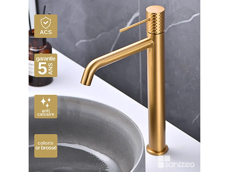 Mitigeur Lavabo Salle de Bain or brossé– Bec Haut Anti-Calcaire – Design Moderne - GENOVA IMEX