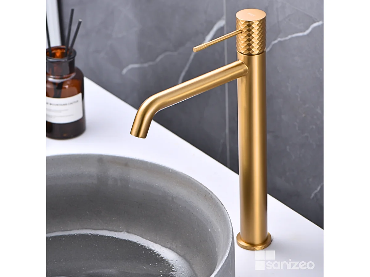 Mitigeur Lavabo Salle de Bain or brossé– Bec Haut Anti-Calcaire – Design Moderne - GENOVA IMEX