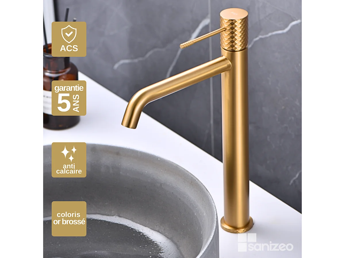 Mitigeur Lavabo Salle de Bain or brossé– Bec Haut Anti-Calcaire – Design Moderne - GENOVA IMEX